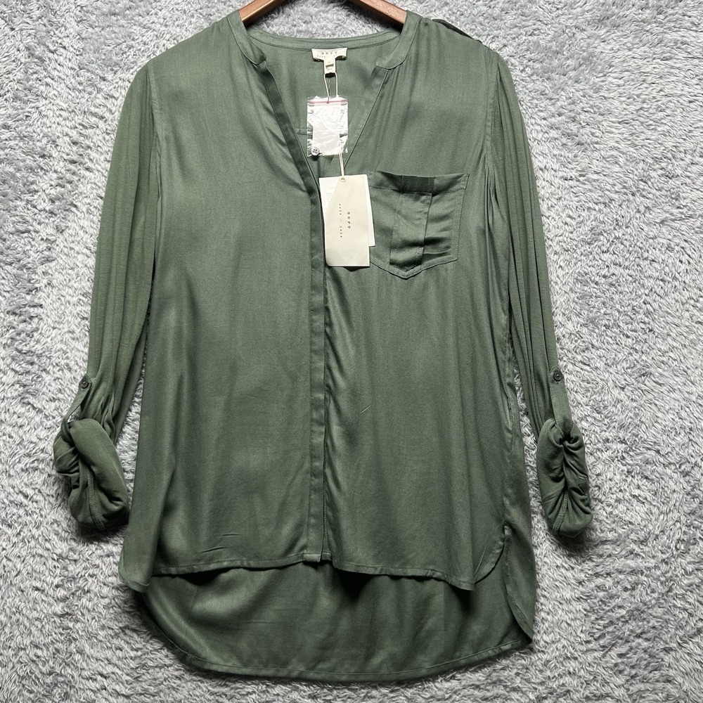 Joie Top Womens Small Green Kyrie Button Up Tunic Roll Tab‎ Sleeve Pocket New
